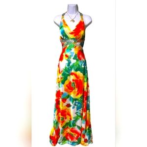 Morgan & Co. Abstract Floral beaded Sleeveless Crisscross Back V-neck Maxi Dress